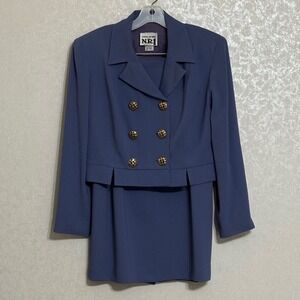 Sandra Ow-Wing NR1 Vintage Pencil Skirt Suit Set Blue Cropped‎ Double Breasted 6